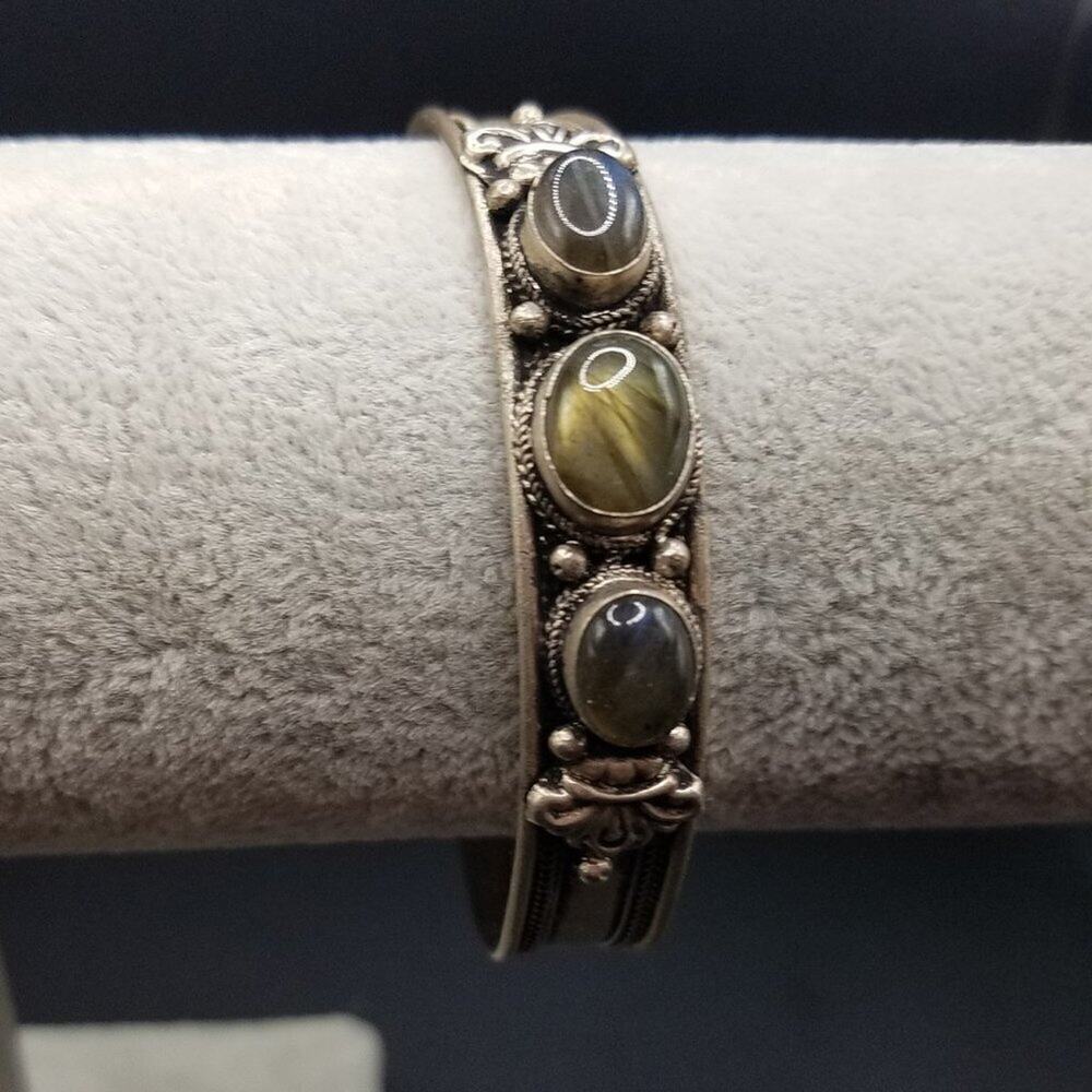 Vintage Glass Cabochons Silver Tone Cuff Bracelet, Bezel Set Cabs,  6 Inches